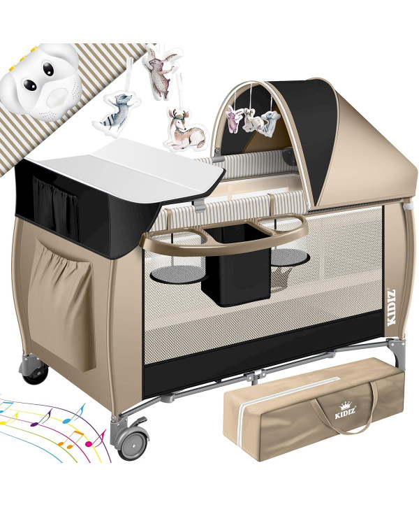 Kidiz lit pour bébé 3 en 1 pliable avec table à langer, moustiquaire et jouets - beige/noir