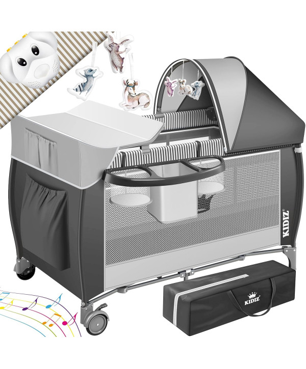 Kidiz lit pour bébé 3 en 1 pliable avec table à langer, moustiquaire et jouets - gris