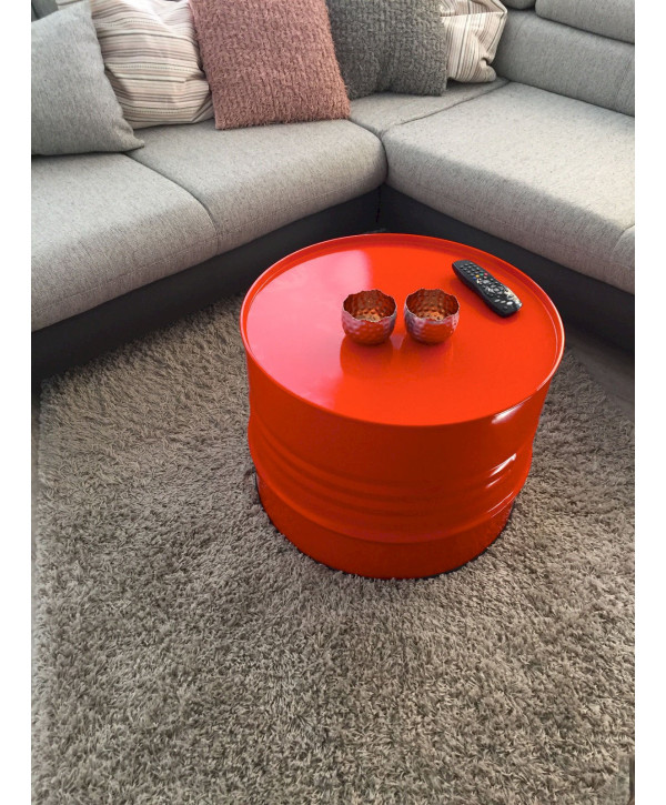 Table basse baril d'huile H45cm Ø57cm avec anneau de serrage orange