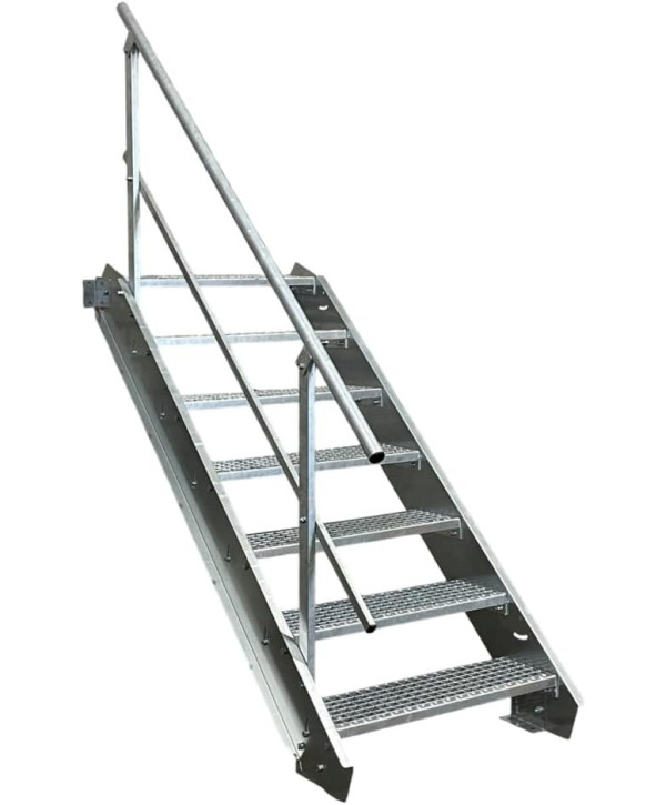 Escalier en acier 7 marches avec garde-corps d'un côté entièrement galvanisé (L 110 x H 100-140 cm)