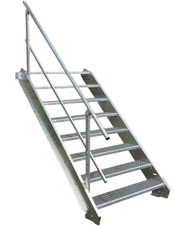 Escalier en acier 8 marches avec garde-corps d'un côté entièrement galvanisé (L 100 x H 120-160 cm)