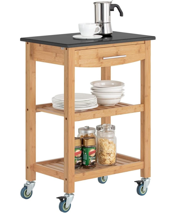 SoBuy Küchenwagen 58x85x40cm Küchenschrank Bambus Servierwagen mit Granitarbeitsplatte