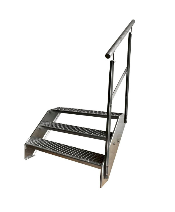 Escalier en acier 3 marches avec garde-corps droite entièrement galvanisé (L 80 x H 57 cm)