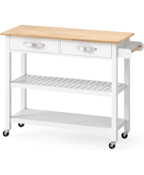 Küchenwagen mit Arbeitsplatte, 2 Schubladen und 2 Ablagen 116x43x89cm Holz-Weiß - Servierwagen mit Rollen