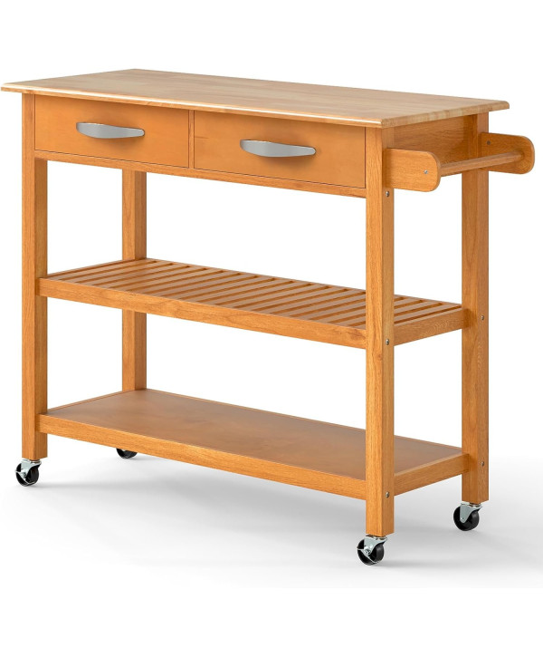 Chariot de cuisine avec plan de travail, 2 tiroirs et 2 étagères 116x43x89cm bois naturel - Chariot de service à roulettes
