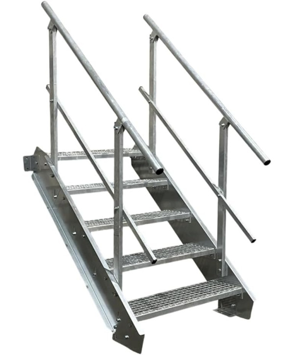 Escalier en acier 5 marches avec garde-corps des deux côtés entièrement galvanisé (L 150 x H 70-105 cm)