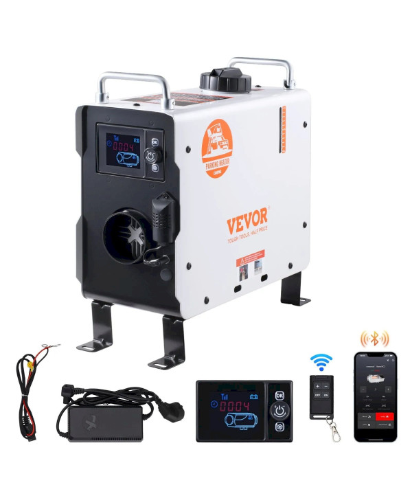 VEVOR chauffage diesel vertical 2kW avec control par App Bluetooth, télécommande, écran d'affichage et alarme CO