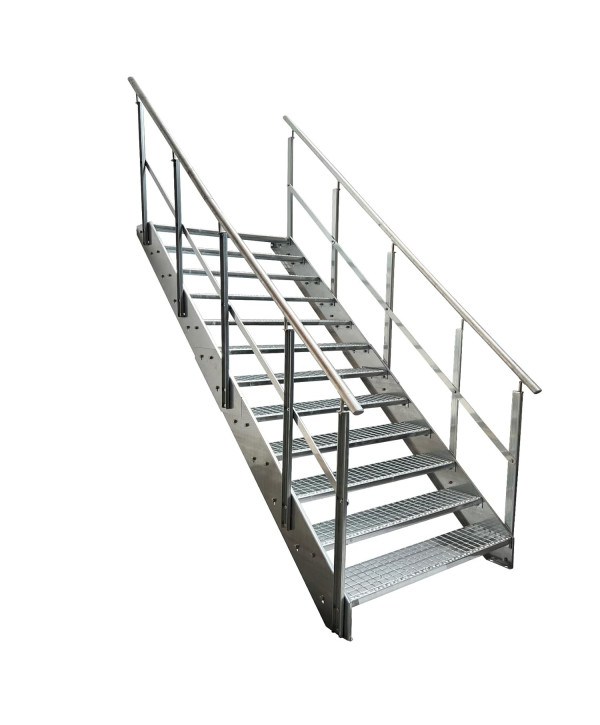 Stahltreppe 12 Stufen mit beidseitiges Geländer vollverzinkt (B 120 x H 228 cm)