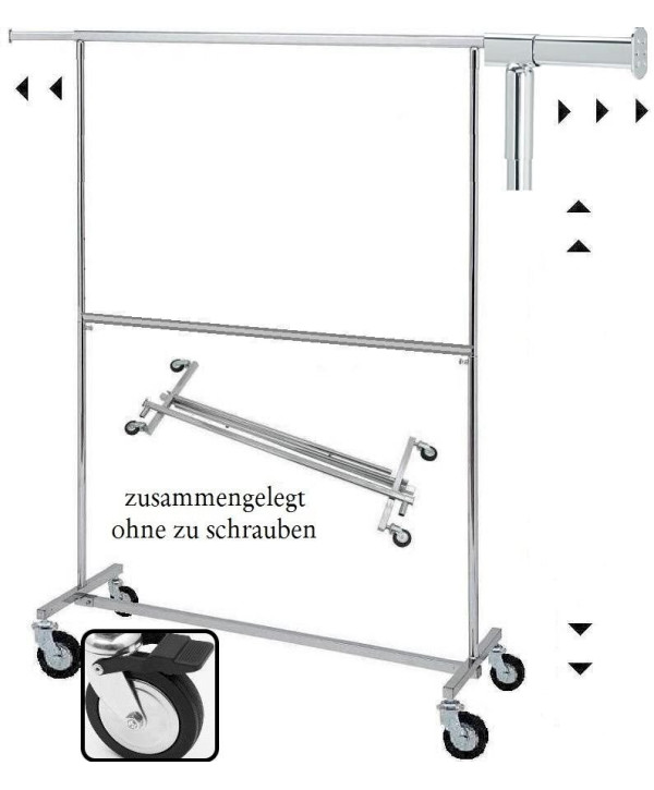 Double Jumbo porte-vêtements pliable avec 2ème niveau réglable roulettes / Largeur 140-220cm / Hauteur 155-220cm / jusqu'à