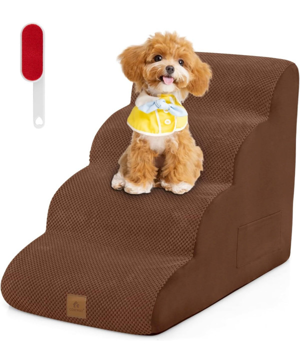COSTWAY Hundetreppe 4 Stufen - rutschfeste Hundestufen aus Schaumstoff braun