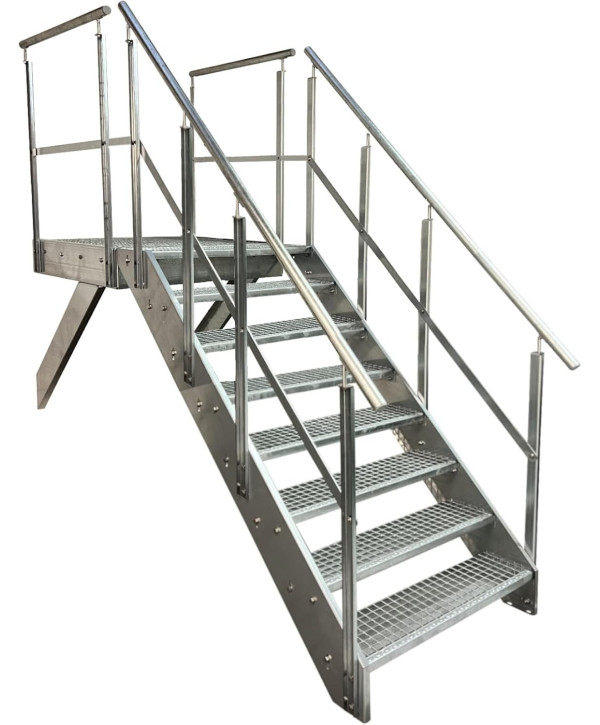 Stahltreppe 8 Stufen mit Podest und beidseitigem Geländer vollverzinkt (B 100 x H 152 cm)