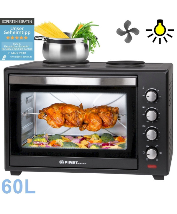 TZS First Austria FA-5045-5 Mini-Backofen 60L Kochplatten Umluft, Krümelblech Drehspieß, Pizzaofen 3400 Watt
