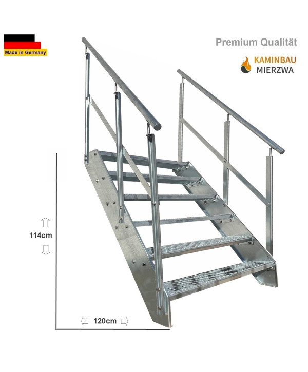 Stahltreppe 6 Stufen mit beidseitiges Geländer vollverzinkt (B 100 x H 114 cm)