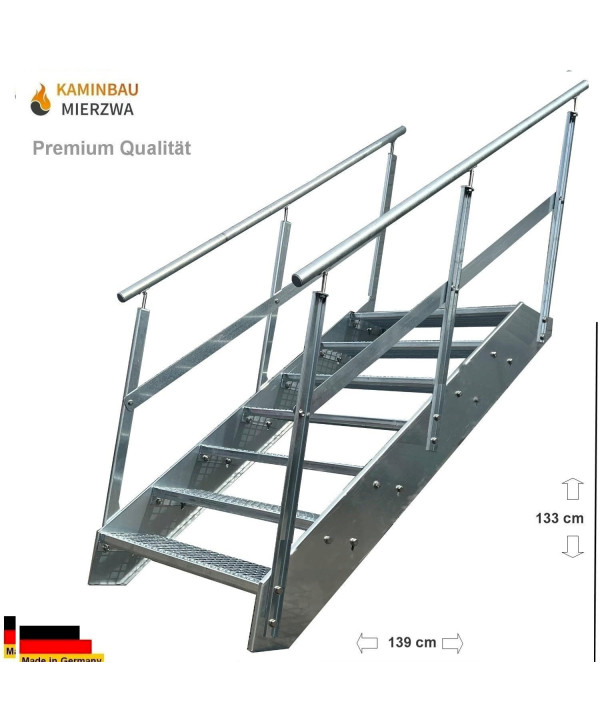 Stahltreppe 7 Stufen mit beidseitiges Geländer vollverzinkt (B 100 x H 133 cm)