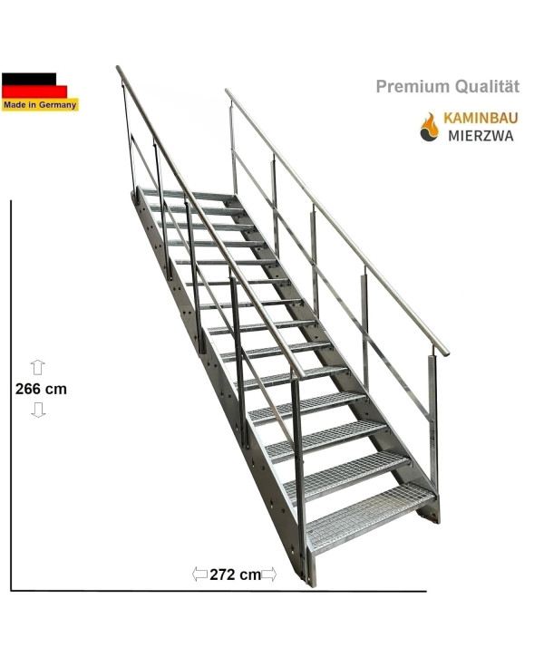 Stahltreppe 14 Stufen mit beidseitiges Geländer vollverzinkt (B 120 x H 266 cm)