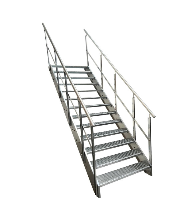 Stahltreppe 13 Stufen mit beidseitiges Geländer vollverzinkt (B 120 x H 247 cm)