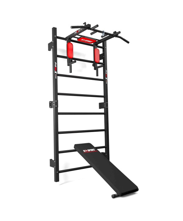 Sprossenwand mit Dip Station/Klimmzugstange und Bank