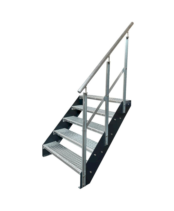 Stahltreppe 5 Stufen verzinkt + anthrazit Wangen mit rechts Geländer (B 100 x H 95 cm)