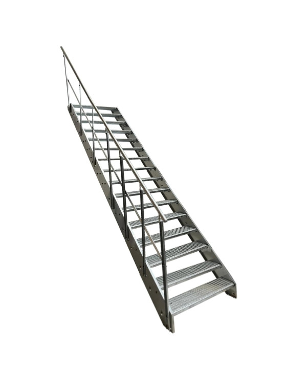 Stahltreppe 16 Stufen mit links Geländer vollverzinkt (B 100 x H 304 cm)