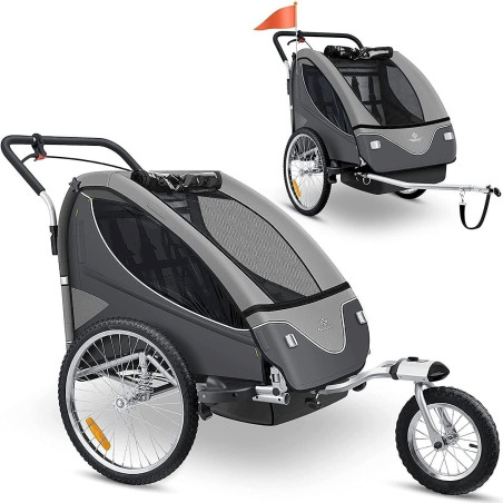 Kesser remorque vélo pour 2 enfants + poussette 2en1 gris clair/gris